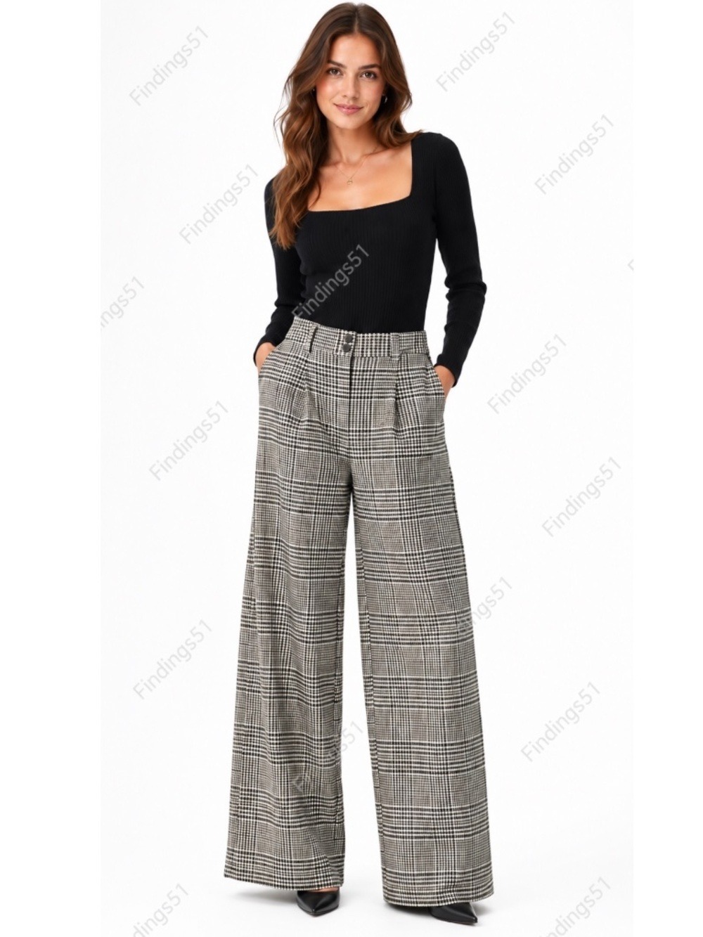 B. YOUNG Poly/Viscose/Elastane Wide Leg Plaid Trousers Side Pockets US Sz 8
